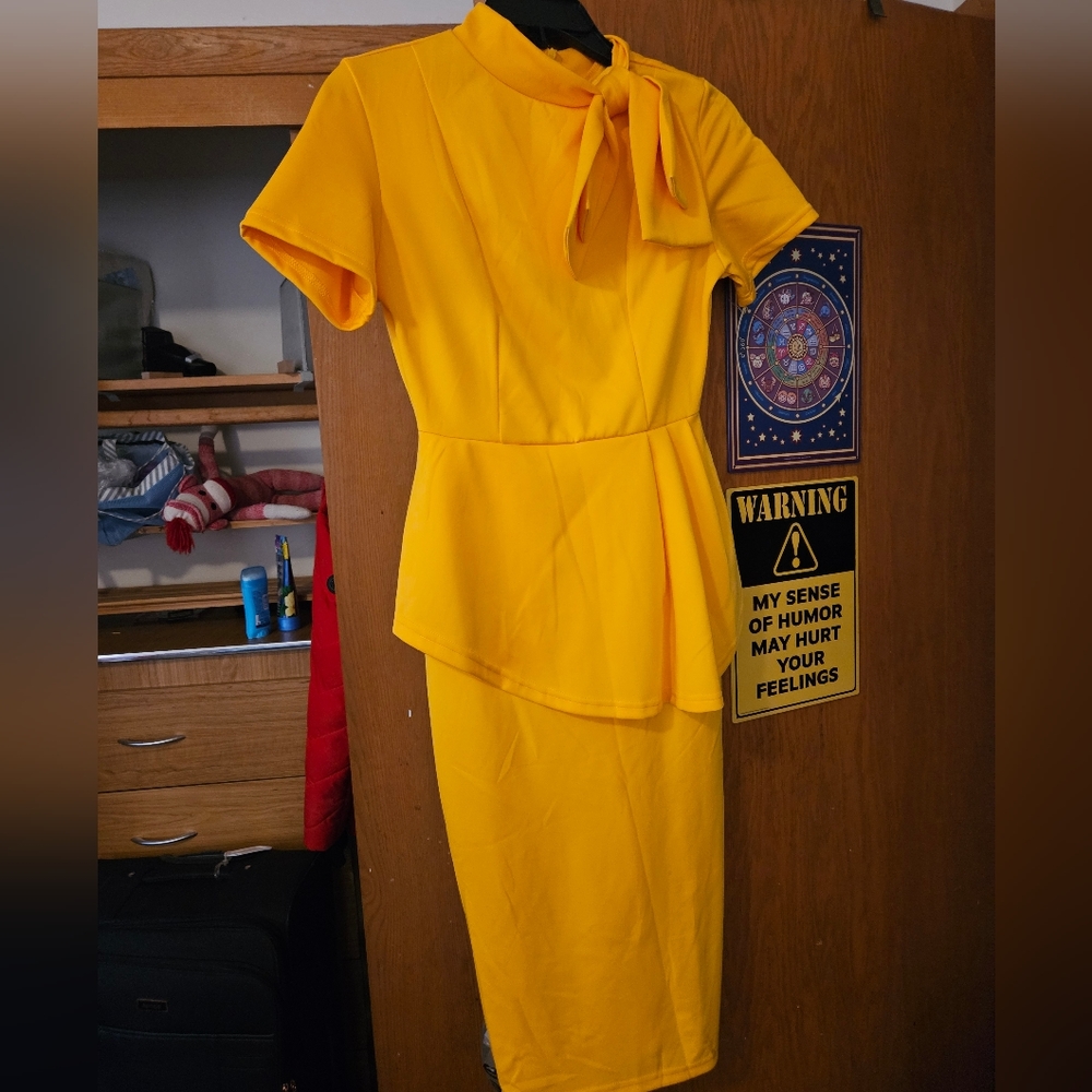 Yellow Asymmetrical Sheath Dress with Flutter Sleeves